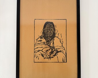 Vintage Signed Framed Abstact Eldery Female Portrait Artwort, Mid Century Painting