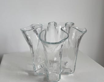 Vintage Modernist Muurla Handkerchief Vase: Large Textured Mid Century Modern Clear Glass