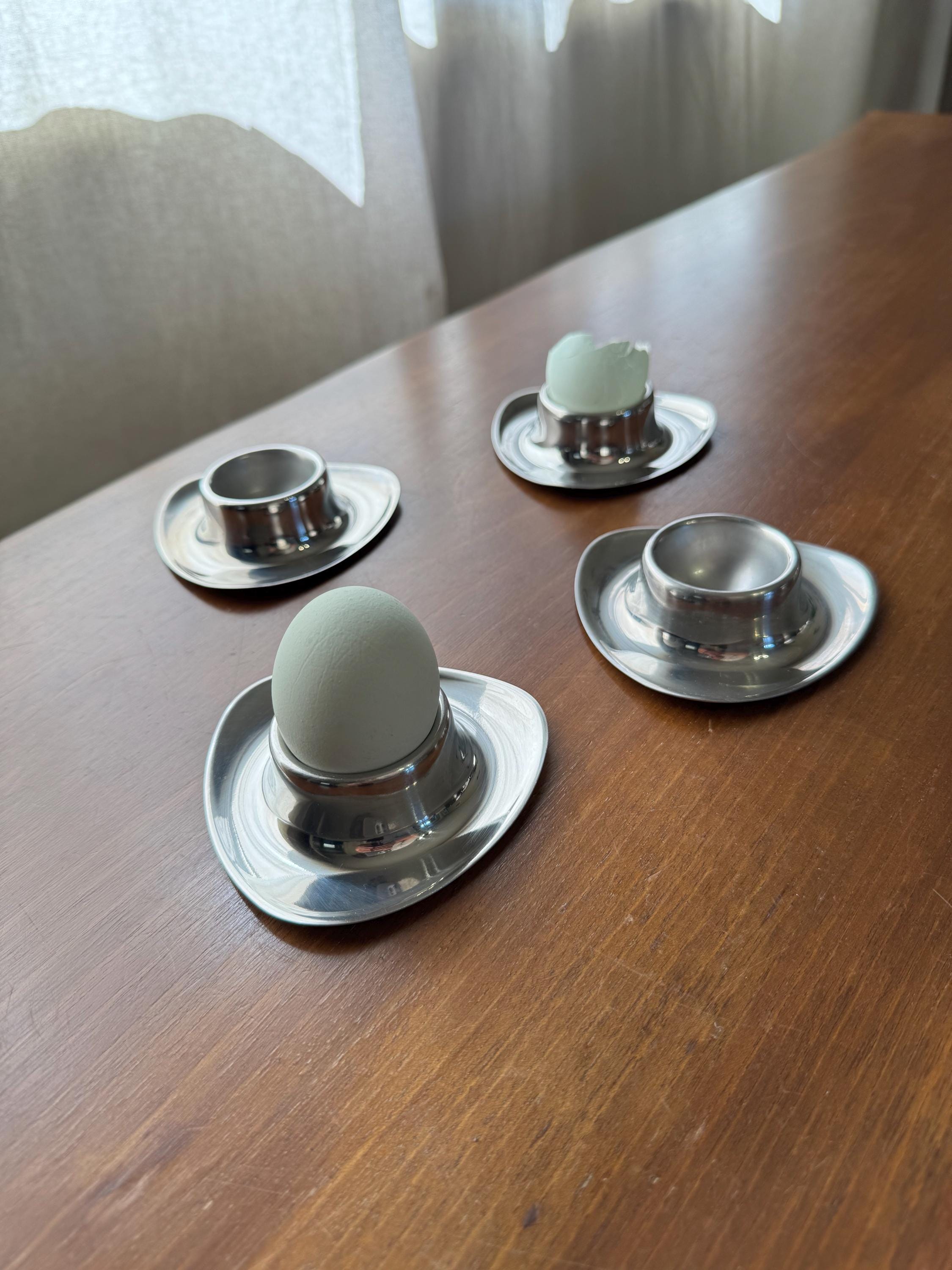 Vintage mid century modern silver colored egg cups 18/10 stainless steel 4 pieces