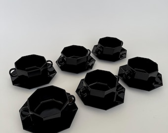 Vintage set van 6 zwartglazen Arcoroc-soepkopjes en -schotels: Frans Cult-servies Octime Design