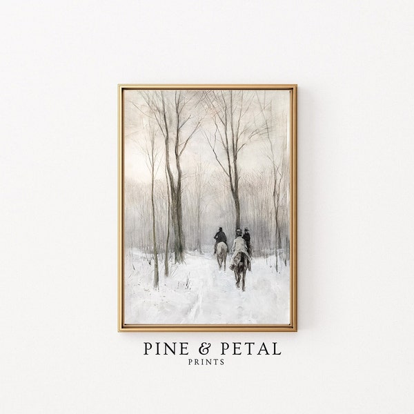 Horse Riding Snowy Landscape Printable, Vintage Winter Scene Artwork, Muted Horseback Rider Digital Download, Forest Tree Wall Art