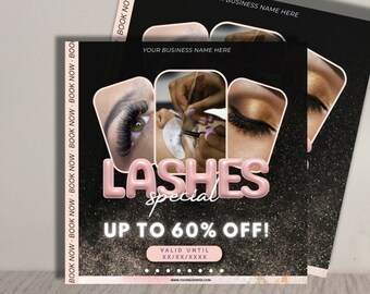Promo Lashes Flyer Hair Lash Nail Book Now Giveaway Discount Business Flyer Makeup Social Media Instagram Editable Canva Summer Summer Sale