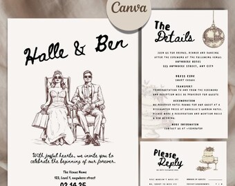Illustrated Wedding Invitation Hand Drawn Invitation Handwritten Wedding Invitation RSVP Scribble Printable Unique Wedding Templates Suite