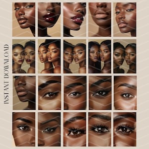 May include: A collage of close-up images featuring different angles of a person's face with dark skin, highlighting the eyes, lips, and eyebrows. The images are arranged in a grid pattern.