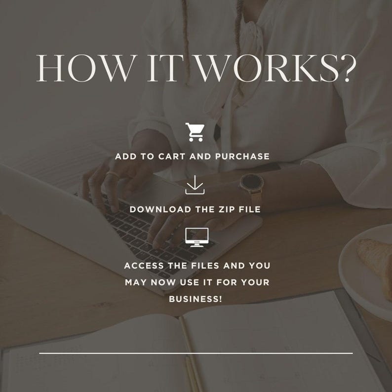 K&ouml;nnte beinhalten: Eine Person verwendet einen Laptop, um ein digitales Produkt herunterzuladen. Das Bild zeigt eine Schritt-f&uuml;r-Schritt-Anleitung zum Kauf und Herunterladen eines digitalen Produkts. Der Text auf dem Bild lautet: "WIE ES FUNKTIONIERT? IN DEN WARENKORB LEGEN UND KAUFEN ZIP-DATEI HERUNTERLADEN AUF DIE DATEIEN ZUGREIFEN UND SIE K&Ouml;NNEN ES JETZT F&Uuml;R IHR GESCH&Auml;FT VERWENDEN!"