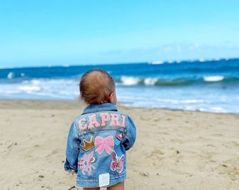 Kids SEWN ON Patch Custom Denim Jacket | Toddler Girls Custom Jean Jacket | Personalized Baby Letter Patch Name Jacket