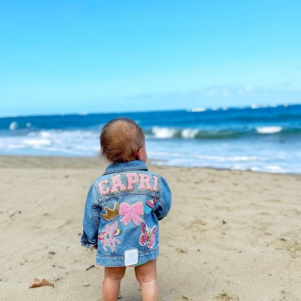 Kids SEWN ON Patch Custom Denim Jacket | Toddler Girls Custom Jean Jacket | Personalized Baby Letter Patch Name Jacket