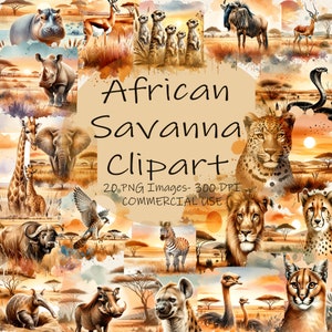 Clipart della savana africana, 20 immagini ad acquerello, file PNG