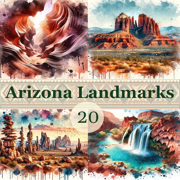 20 Images Arizona Landmarks Watercolor Clipart Bundle - High Resolution - Commercial