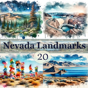 20 Images Nevada Landmarks Watercolor Clipart Bundle - High Resolution - Commercial