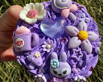 Kawaii Decoden Compact with Brush and Mirror, Lavender Cream with Flowers, Bunny, Mushrooms, Stars, and More, Great for Travel or as a Gift