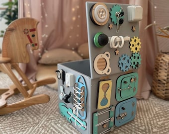 Wooden Montessori Busy Cube for Toddlers | Personalized Activity Cube Toy | Sensory Busy Board Gift for 1-3 Year Olds | Baby Development Toy