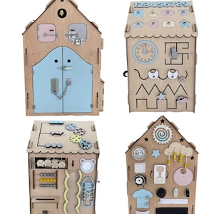 Puede incluir: Una casa de madera para ni&ntilde;os con m&uacute;ltiples paneles de actividad. Los paneles presentan una variedad de actividades, que incluyen un reloj, un laberinto, una cremallera, una hebilla, un laberinto de cuentas, un clasificador de formas, un juego de engranajes, una puerta con un pestillo y un buz&oacute;n. La casa est&aacute; pintada en colores pastel.