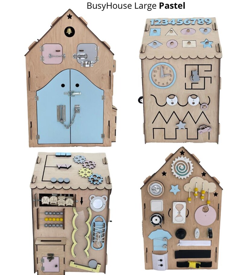 Puede incluir: Una casa de madera para ni&ntilde;os con m&uacute;ltiples paneles de actividad. Los paneles presentan una variedad de actividades, que incluyen un reloj, un laberinto, una cremallera, una hebilla, un laberinto de cuentas, un clasificador de formas, un juego de engranajes, una puerta con un pestillo y un buz&oacute;n. La casa est&aacute; pintada en colores pastel.