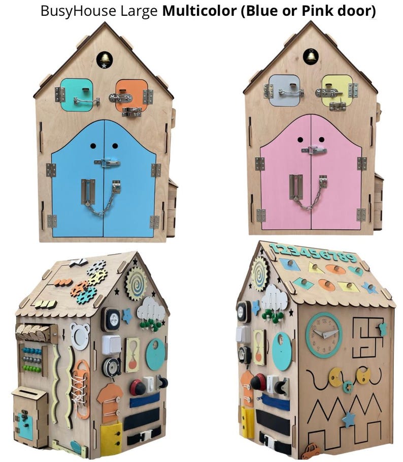 Puede incluir: Una casa de juguete de madera con una puerta azul o rosa, y un tablero de actividades con varias actividades, incluyendo un reloj, un laberinto y un juego de engranajes. La casa est&aacute; hecha de madera contrachapada y tiene un acabado de madera clara. El tablero de actividades est&aacute; pintado con colores brillantes y tiene una variedad de texturas.