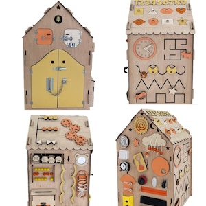 Puede incluir: Una casa de madera para ni&ntilde;os con m&uacute;ltiples actividades interactivas. La casa tiene una puerta amarilla con un candado y una cadena, un reloj, un laberinto, un engranaje, un laberinto de cuentas, una cremallera, un bot&oacute;n, una hebilla, un espejo, un zapato con cordones, un buz&oacute;n y una secuencia de n&uacute;meros. La casa est&aacute; pintada en tonos marrones y naranjas.