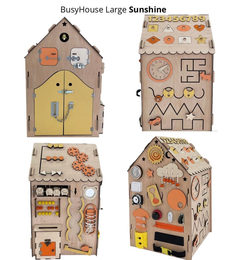 Puede incluir: Una casa de madera para ni&ntilde;os con m&uacute;ltiples actividades interactivas. La casa tiene una puerta amarilla con un candado y una cadena, un reloj, un laberinto, un engranaje, un laberinto de cuentas, una cremallera, un bot&oacute;n, una hebilla, un espejo, un zapato con cordones, un buz&oacute;n y una secuencia de n&uacute;meros. La casa est&aacute; pintada en tonos marrones y naranjas.