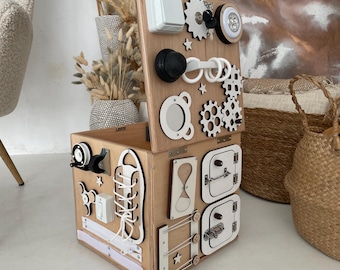Montessori Busy Board Cube: Wooden Sensory Toy, Storage Box