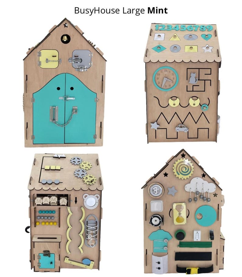 Puede incluir: Una casa de madera para ni&ntilde;os con una variedad de actividades. La casa est&aacute; pintada en un color madera claro con una puerta verde menta. La casa tiene una variedad de actividades en cada lado, incluyendo un reloj, un laberinto, una cremallera, un bot&oacute;n, un pestillo, un engranaje, un laberinto de cuentas, un espejo, un clasificador de formas y un rompecabezas de n&uacute;meros. La casa es una excelente manera para que los ni&ntilde;os aprendan y jueguen.