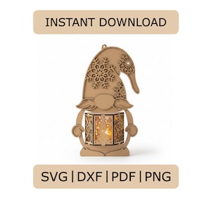 May include: A wooden gnome-shaped lantern with a snowflake-patterned hat and a rectangular body. The lantern has a cutout design and the text "INSTANT DOWNLOAD" and "SVG | DXF | PDF | PNG".