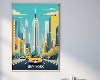 New York Travel Print of NYC yellow taxi and Empire State Building Illustration Travel Poster of NY New York City