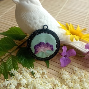 Ginkgo Pendant Purple Supported _Ginkgo Leaf Necklace, Flower Jewelry, Ginkgo Necklace, Embroidered Pendant, Special Gifts for Women