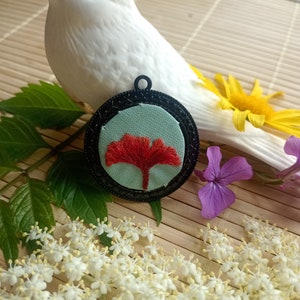 Red Ginkgo Pendant_Ginkgo Leaf Necklace, Flower Jewelry, Ginkgo Necklace, Embroidered Pendant, Special Gifts for Women
