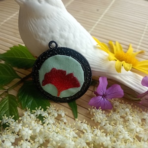 Dark Red Ginkgo Pendant_Ginkgo Leaf Necklace, Flower Jewelry, Ginkgo Necklace, Embroidered Pendant, Special Gifts for Women