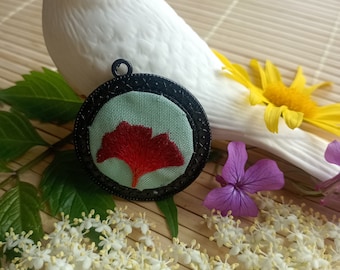 Red Ginkgo pendant, ginkgo leaf necklace, flower jewelry, gingko pendant necklace, embroidered pendant, special gifts for wife