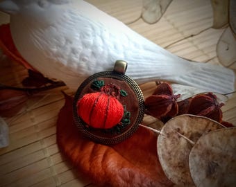 Hand Embroidered Copper Pumpkin Pendant - Fall Halloween Necklace - Autumn Harvest Jewelry - Unique Handmade Gift - Spooky Charm for Her