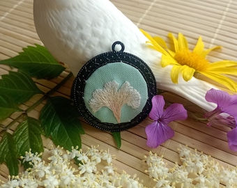 Powered Ginkgo pendant, gingko leaf necklace, flower jewelry, gingko pendant necklace, embroidered pendant, special gifts for wife