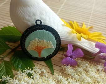 Light Orange Ginkgo pendant, gingko leaf necklace, flower jewelry, gingko pendant necklace, embroidered pendant, special gifts for wife
