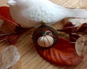 Hand Embroidered Pumpkin Pendant - Autumn Pumpkin Necklace - Halloween Fall Jewelry - Unique Handmade Harvest Charm - Gift for Her