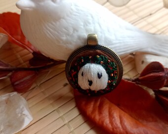 Hand Embroidered Ghost Pendant - Autumn Ghost Jewelry - Halloween Spooky Charm - Unique Handmade Fall Necklace - Gift for Her