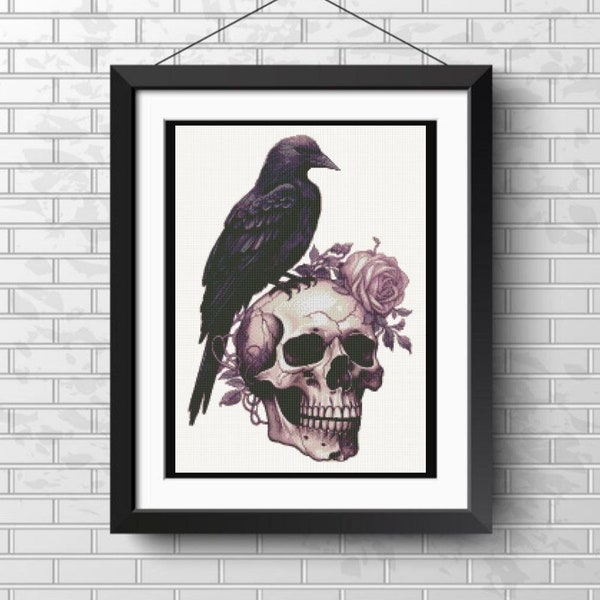 Raven, Rose and Skull Cross Stitch Pattern, Gothic Fantasy Watercolor Counted X-stitch, Witchy Gift Printable PDF