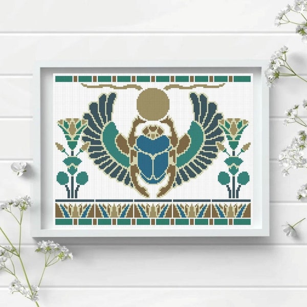 Egyptian Sacred Scarab Cross Stitch Pattern, Ancient Egypt Art Ornament Printable PDF