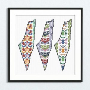 Drie kaarten van Palestina Tatreez Cross Stitch patroon, Palestijnse traditionele borduurwerk afdrukbare grafiek PDF