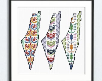 Three Maps of Palestine Tatreez Cross Stitch Pattern, Palestinian Traditional Embroidery Printable Chart PDF
