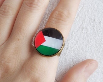 Palestinian Flag Open Ring, Round Cabochon Adjustable Finger Ring