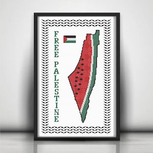 Watermeloenkaart van Palestina Tatreez-kruissteekpatroon, Palestijnse traditionele borduurkunst, gratis afdrukbare pdf-grafiek Palestina