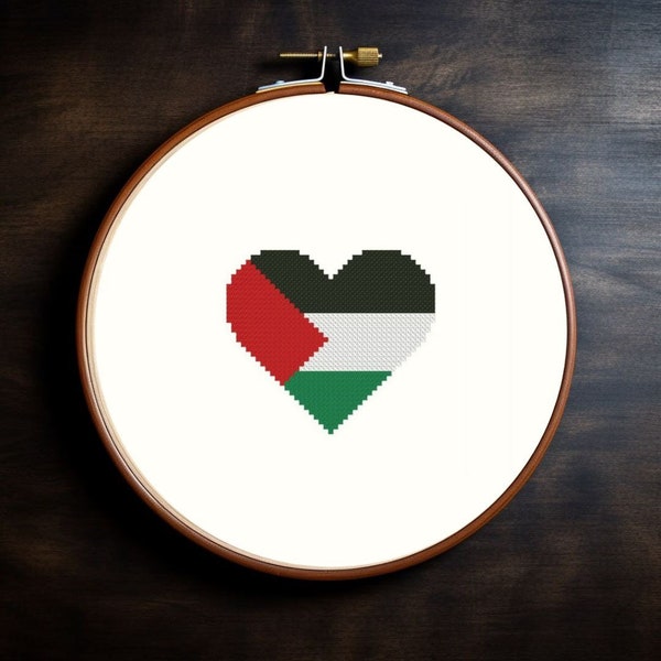 Palestine Flag Heart shaped easy small cross stitch pattern for beginners PDF