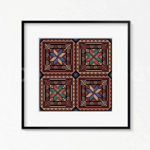 Op de afbeelding: Vier vierkante patronen met een geometrisch stervormig ontwerp in het midden. De patronen zijn in tinten rood, oranje, blauw, groen en zwart.