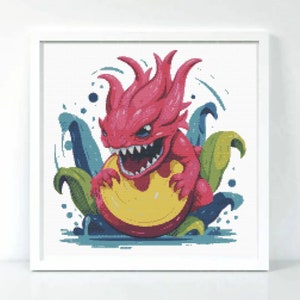 Cartoon Angry Dragon Obst Aquarell Kreuzstich Muster Weihnachtsstickerei druckbare PDF-Datei