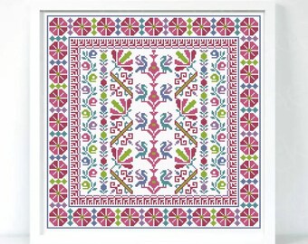 Tatreez Floral Ornament Cross Stitch Pattern, Traditional Palestinian Embroidery Art, Pillow Case Design Printable PDF