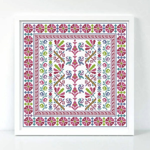 Tatreez Floral Ornament Cross Stitch Pattern, Traditional Palestinian Embroidery Art, Pillow Case Design Printable PDF