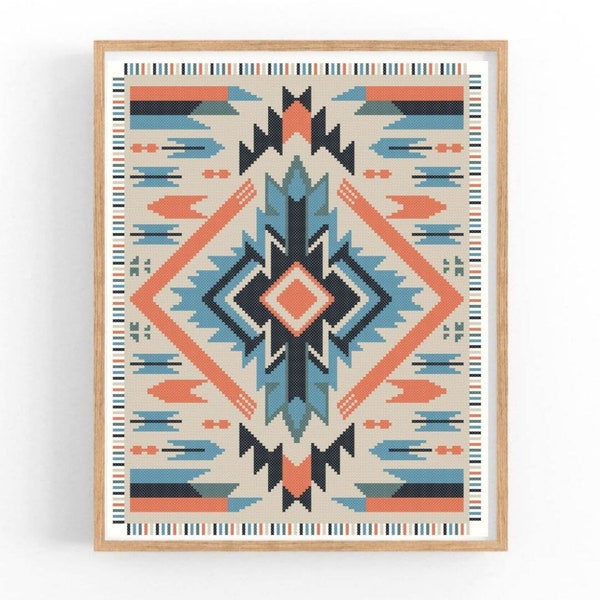 American Native art inspired cross stitch pattern, Red Indians Navajo rug PDF pattern