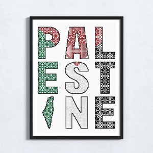 Palästina Tatreez Kreuzstich Muster, traditionelle palästinensische Flagge Stickerei Volkskunst, Alphabet gezählter X-Stich druckbare Karte PDF