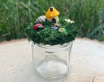 Mini Mushroom Scene Jar, moss, flowers, glass jar, magical
