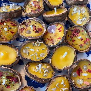 Könnte beinhalten: Eine Sammlung kleiner, gelber Bienenwachskerzen in Walnussschalen. Jede Kerze hat eine andere Auswahl an getrockneten Blumen und Kräutern, die in das Wachs eingebettet sind.