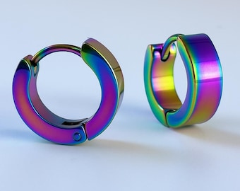 Unisex Rainbow Flat 4mm Huggie Hoop Earrings Set in Surgical Steel